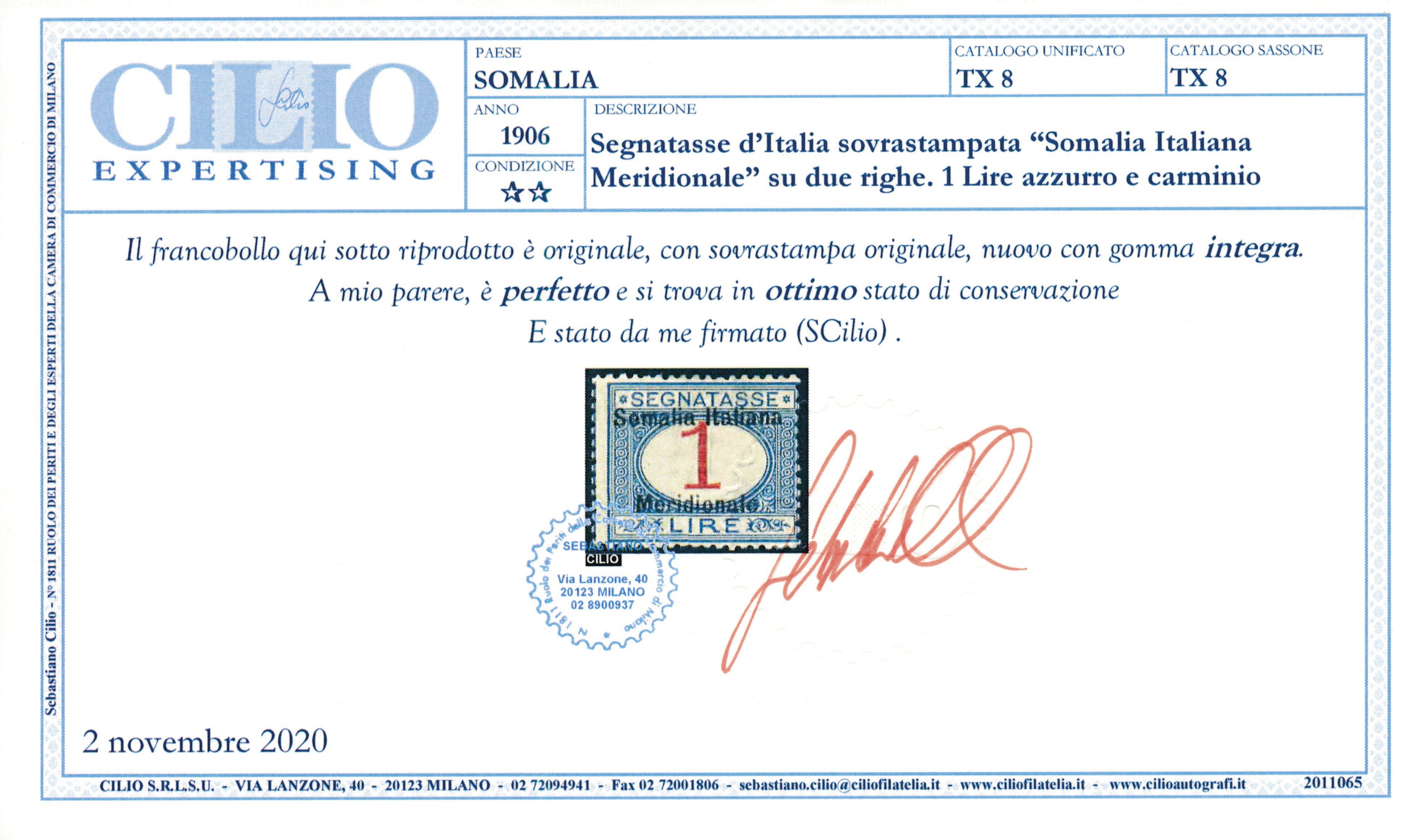 1906 - Colonie Italiane - Somalia - Segnatasse - 1 Lire Azzurro e Carminio (sass. 8).
