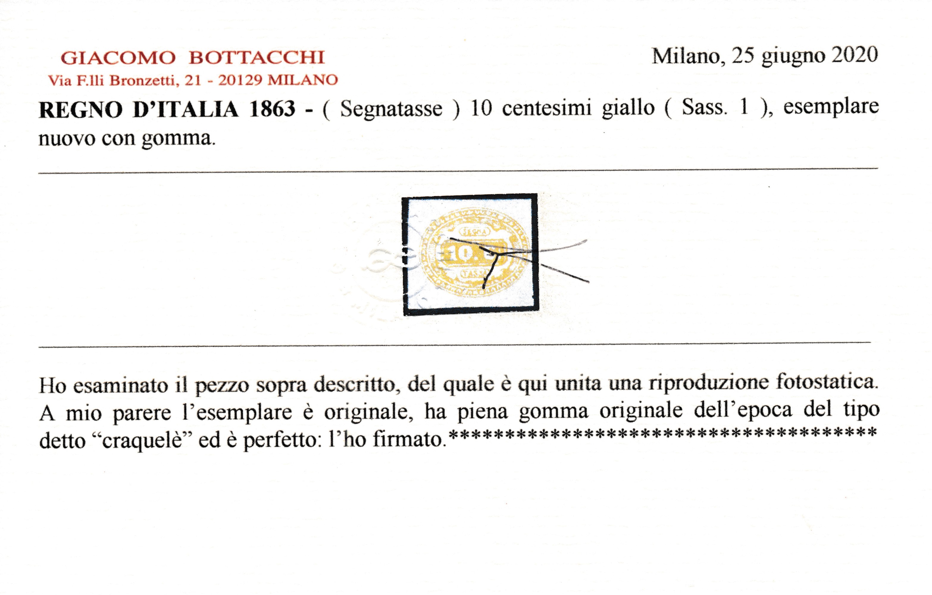 1863 - Regno D’italia - Segnatasse - 1 Giallo (sass. 1).