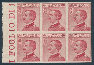 1917/20 - Regno D’italia - 60 Cent. Carminio - Blocco di Sei Esemplari Bdf Non Dentellati (sass. ...