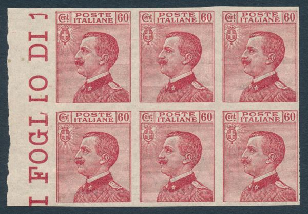 1917/20 - Regno d’Italia - 60 cent. carminio - Blocco di sei esemplari bdf non dentellati (Sass. 111d).
