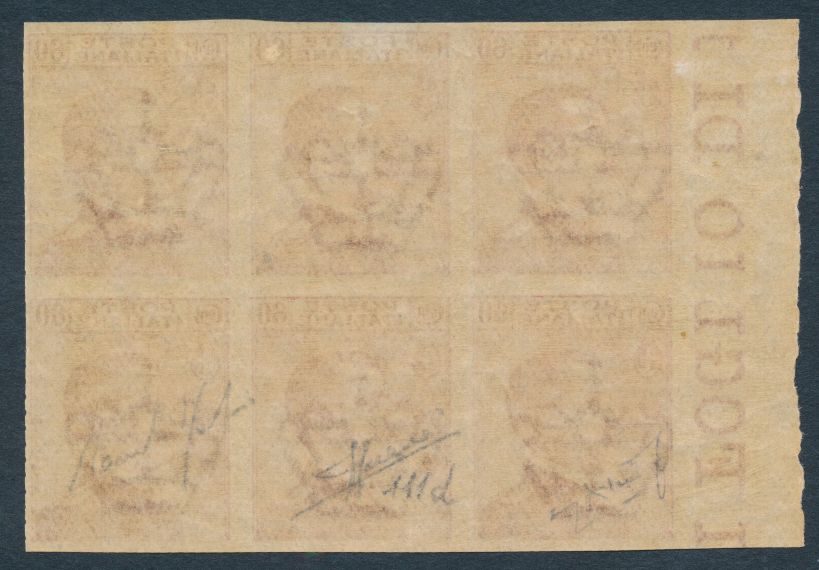1917/20 - Regno D’italia - 60 Cent. Carminio - Blocco di Sei Esemplari Bdf Non Dentellati (sass. ...