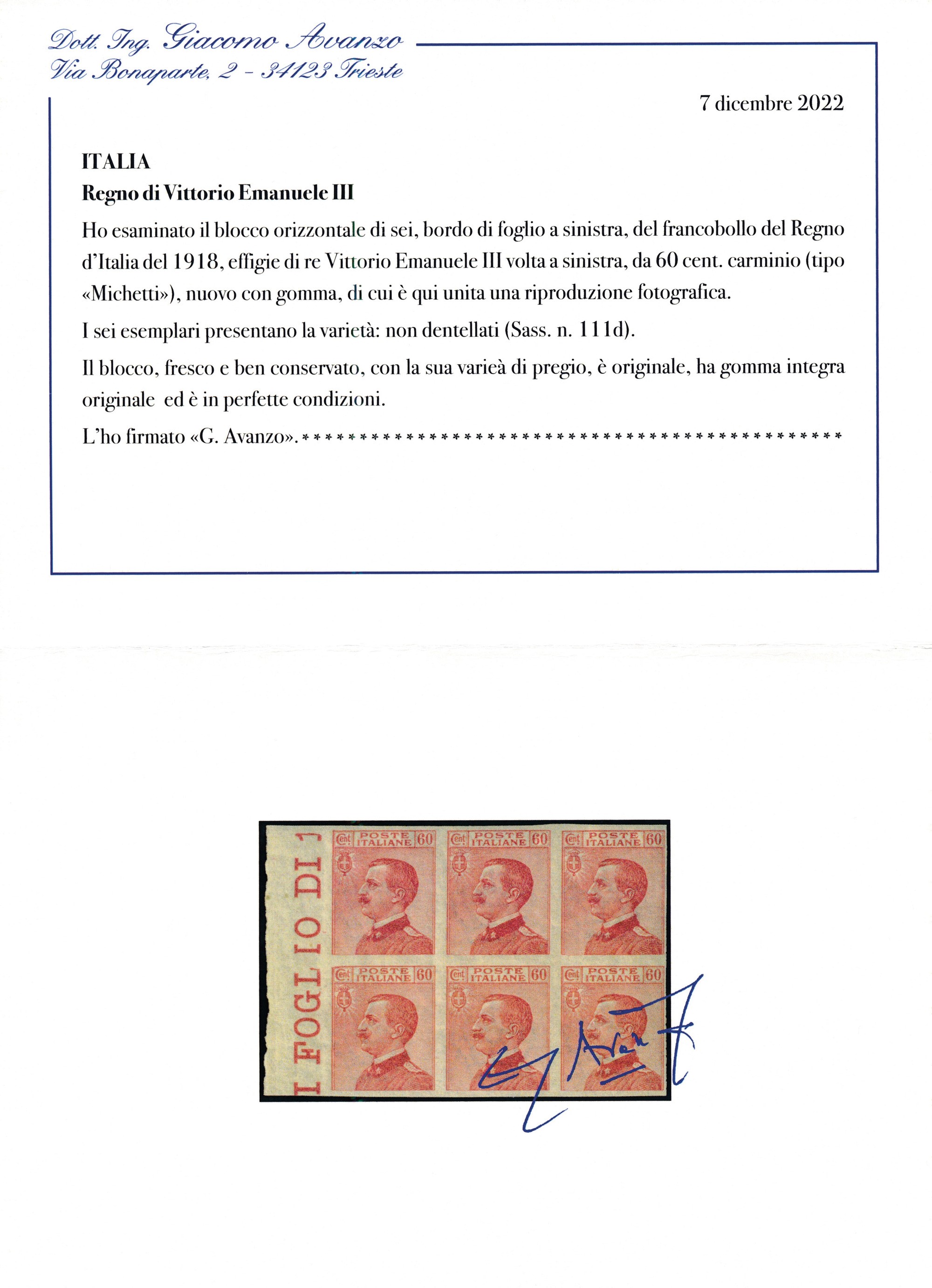 1917/20 - Regno D’italia - 60 Cent. Carminio - Blocco di Sei Esemplari Bdf Non Dentellati (sass. ...