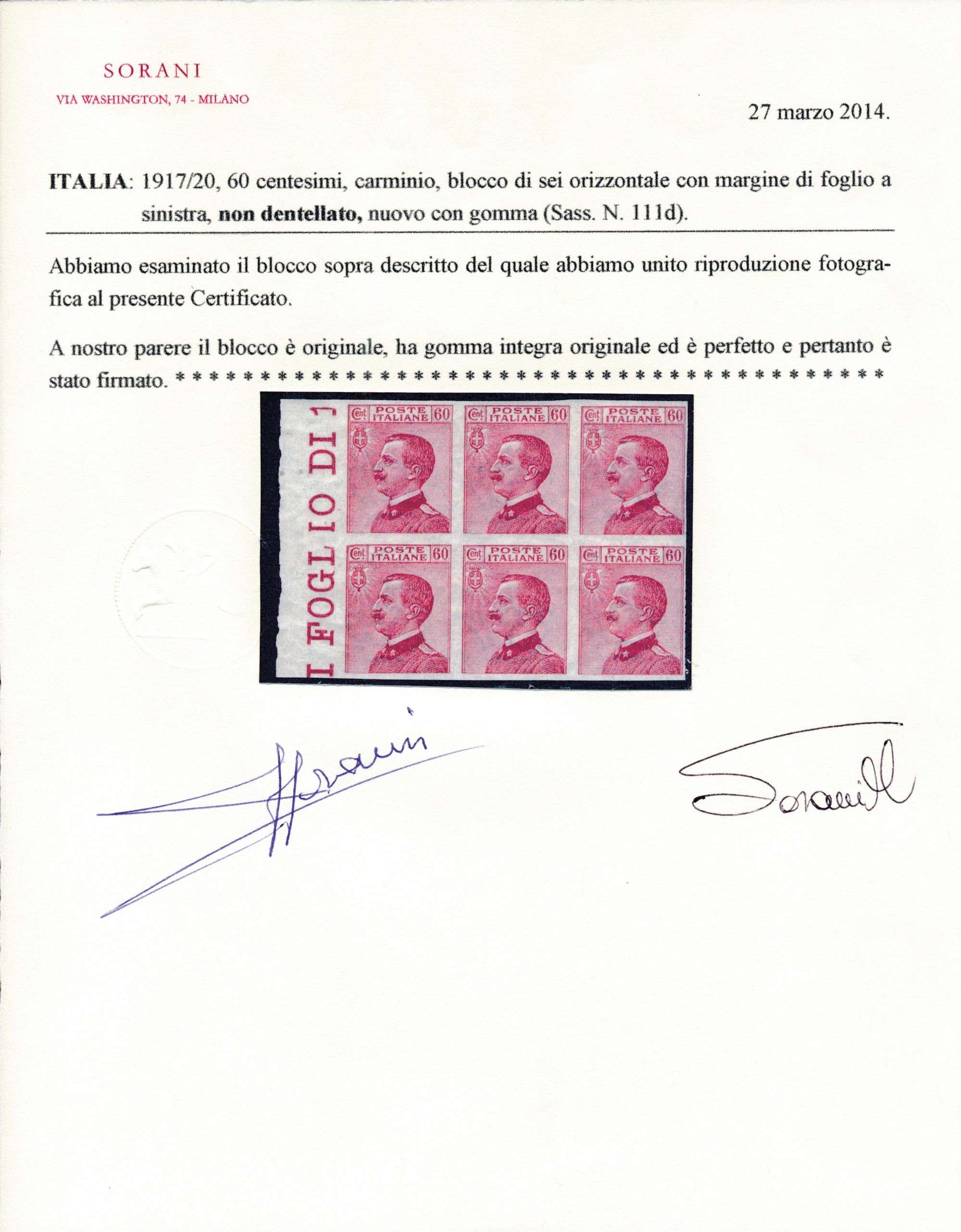 1917/20 - Regno D’italia - 60 Cent. Carminio - Blocco di Sei Esemplari Bdf Non Dentellati (sass. ...
