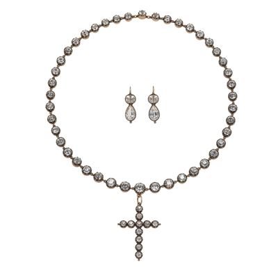Demi-parure, collana con pendente e orecchini in oro 14Kt e argento con topazi incolori