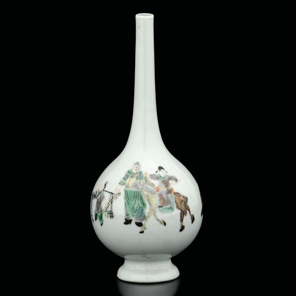 Vaso a bottiglia in porcellana raffigurante scena di vita comune, Cina, XIX-XX secolo