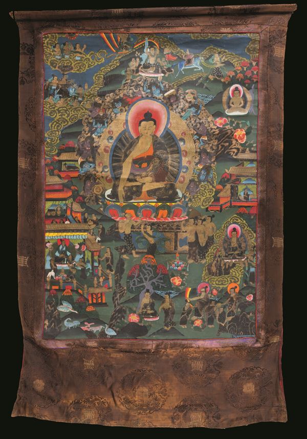 Thangka in seta raffigurante figura di Buddha Sakyamuni, Tibet, XIX secolo