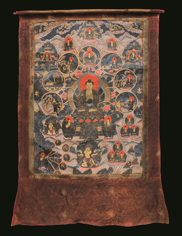 Thangka in seta raffigurante figura di Buddha Sakyamuni, Tibet, XIX secolo