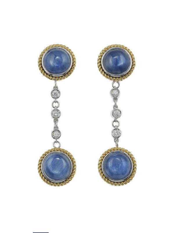 Pair of sapphire, diamond and gold earrings