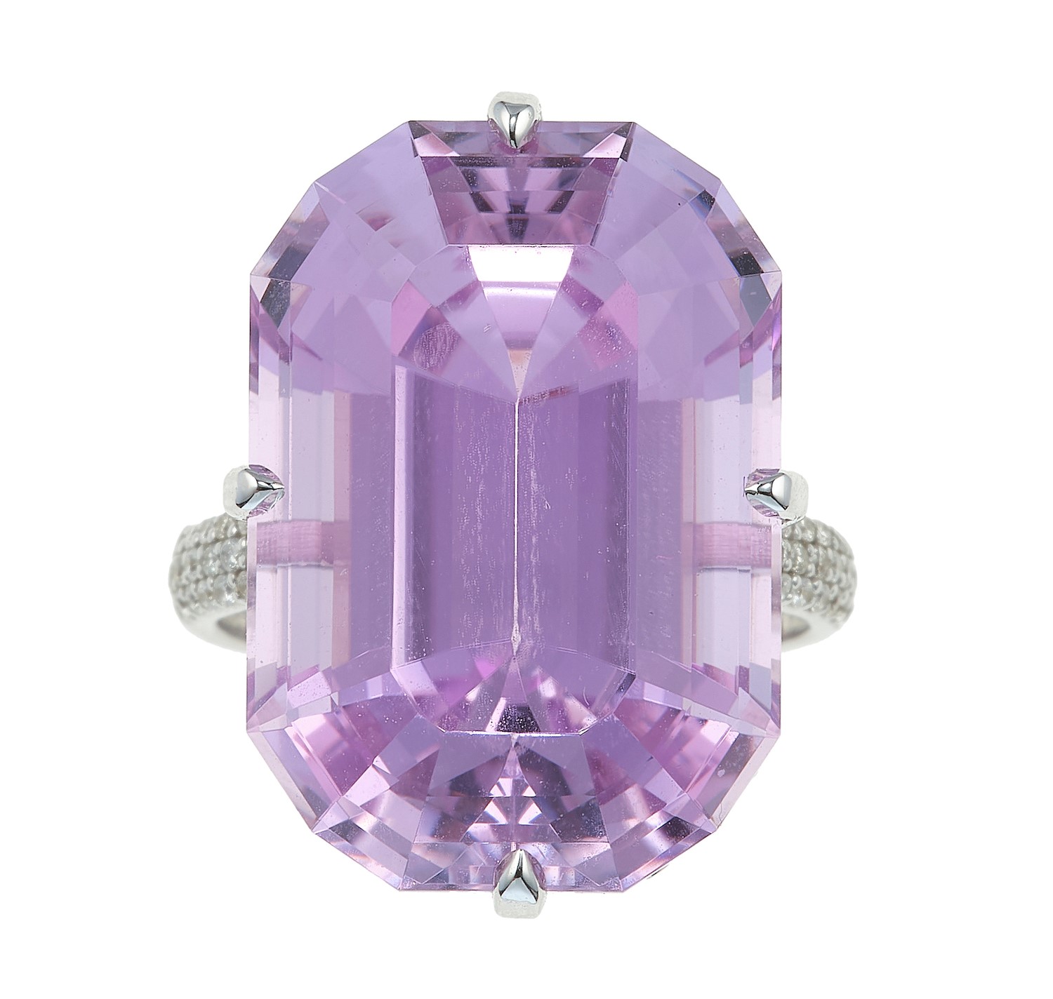 Anello in oro bianco 585 con kunzite (ct 30,08 circa) e diamanti