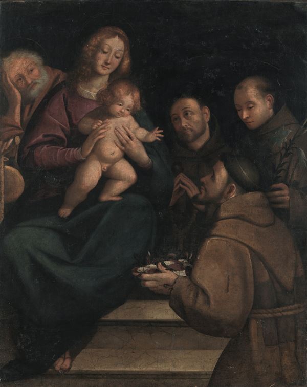 Scuola piemontese del XVI secolo Sacra Famiglia con frati francescani