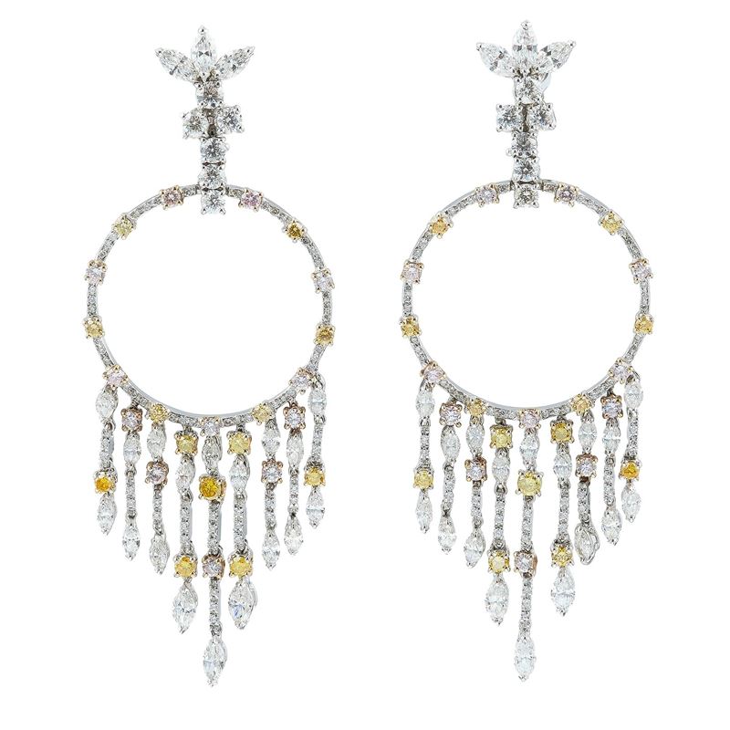 Pair of diamond and facy color diamond cascade frange earrings. Signed Pederzani  - Auction Fine Jewels - Cambi Casa d'Aste