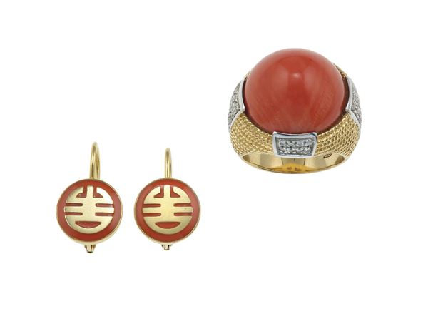 Pair of enamel and gold earrings and a coral, diamond and gold ring