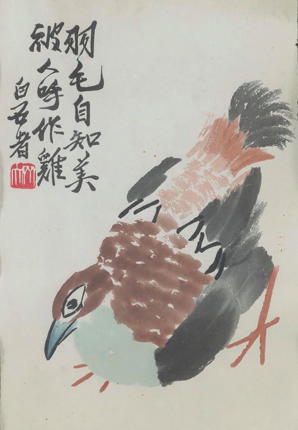 Litografia su carta con figura di volatile ed iscrizioni, Qi Baishi, Cina, Repubblica