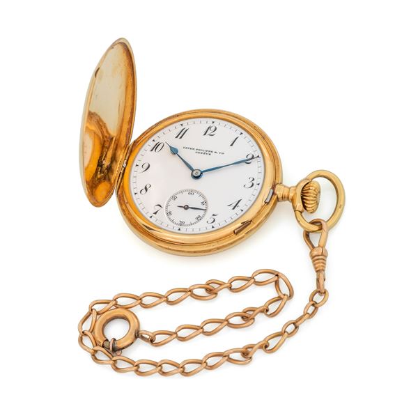 Patek Philippe - Pocket Watch Savonette in 18k yellow gold, white enamel dial with painted Arabic numerals, anchor escapement, with original box, circa 1900