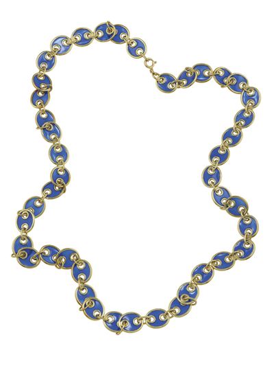 Collana lunga in oro giallo 750/1000 con smalto blu “plique-à-jour”