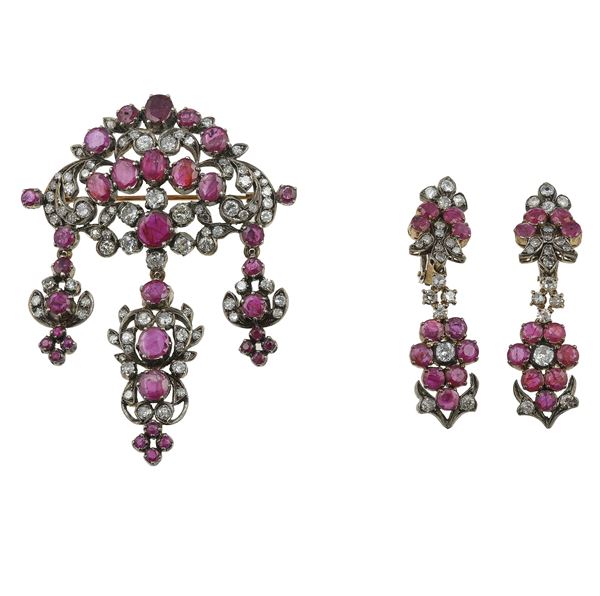 Ruby, old-cut diamond, silver and gold demi-parure