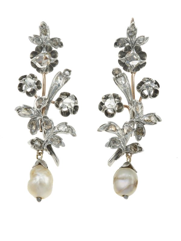 Pair of pearl, silver and low-karat gold earrings