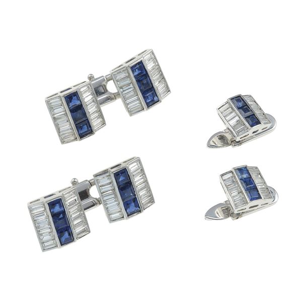 Pair of platinum, diamond and sapphire cufflinks and studs. Mark: 26AL (Illario Carlo & F.lli s.p.a. - Valenza)