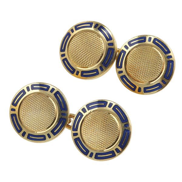 Pair of enamel and gold cufflinks. Signed Bulgari. Fitted Case