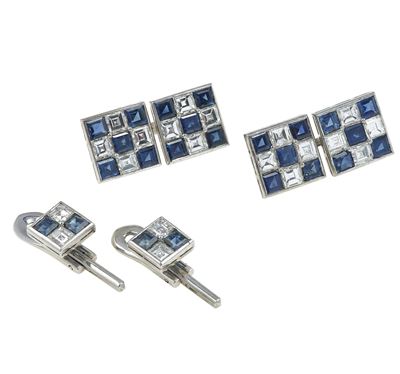 Set di bottoni da polso e sparato, montature in oro bianco 750/1000 con diamanti e zaffiri