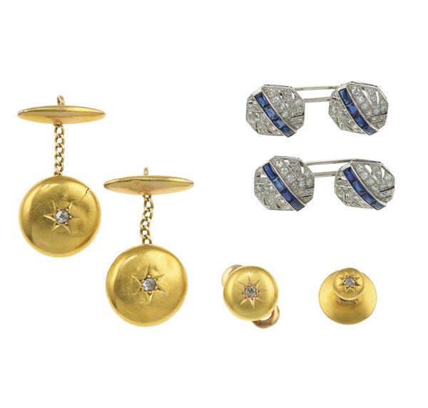 Group of gold, platinum, diamond and synthetic sapphire men's accessories