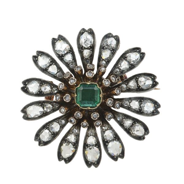 Emerald, old-cut diamond, silver and gold brooch