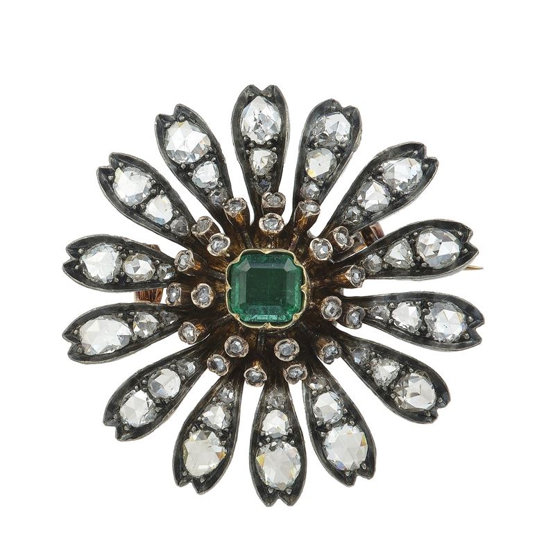 Emerald, old-cut diamond, silver and gold brooch  - Auction Fine Jewellery - Cambi Casa d'Aste