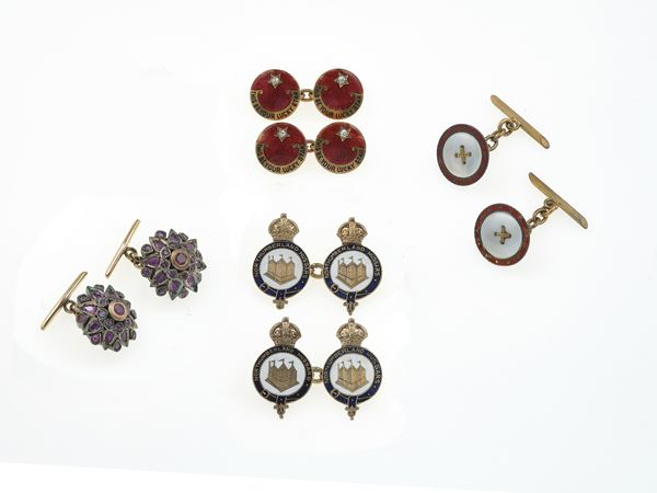 Four pairs of enamel, low karat gold and silver cufflinks