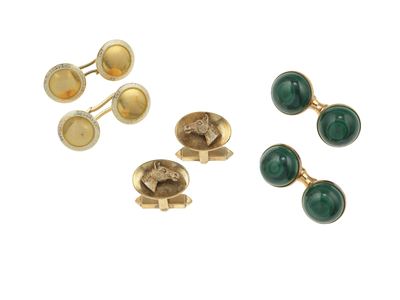 Lotto di tre paia di bottoni da polso, montature in oro 9Kt e oro 18Kt con malachite e smalto
