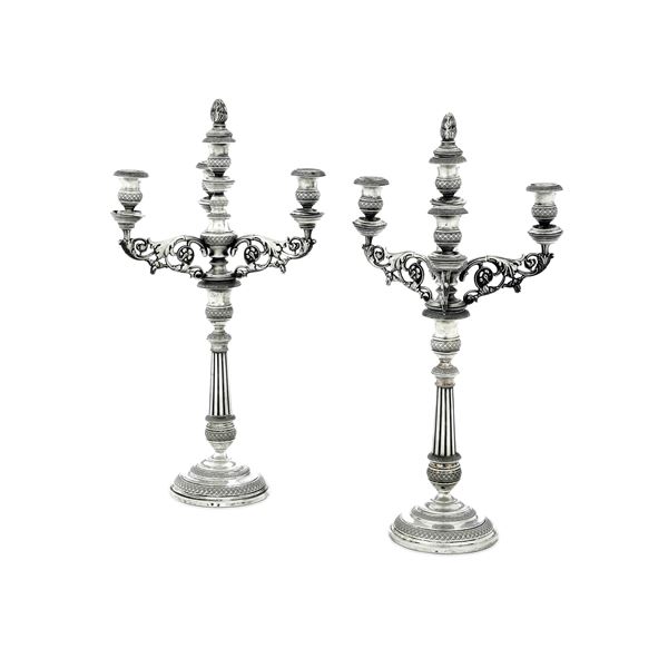 Coppia di candelabri. Vercelli XIX secolo, argentiere Giuseppe Sambonetti
