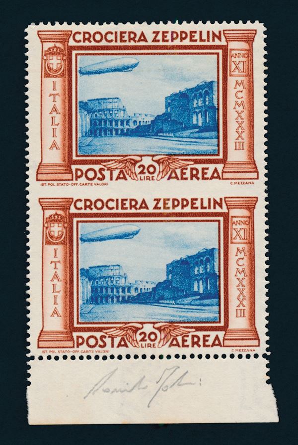 1933 - Regno d’Italia - Posta Aerea - “Crociera Zeppelin” - 20 lire bruno rosso e azzurro coppia verticale  [..]