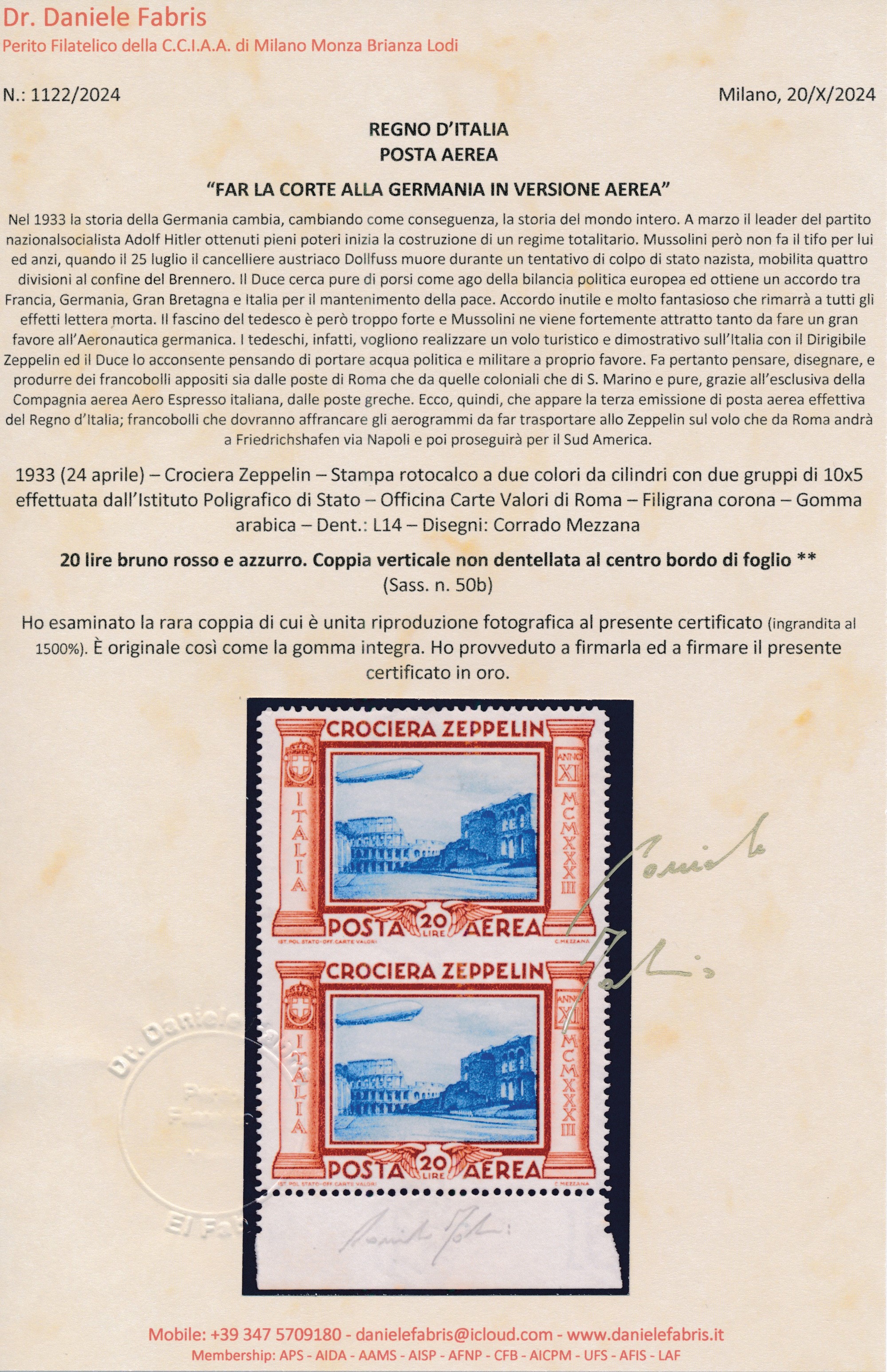 1933 - Regno D’italia - Posta Aerea - “crociera Zeppelin” - 20 Lire Bruno Rosso e Azzurro Coppia ...