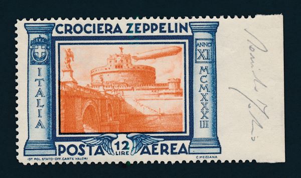 1933 - Regno d’Italia - Posta Aerea - “Crociera Zeppelin” - 12 lire azzurro e aencio bdf non dentellato a destra (Sass. 48c).