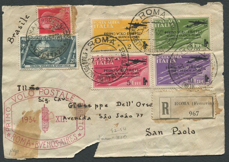1934 - Regno d’Italia - Volo Diretto Roma-Buenos Aires - Fronte di aerogramma da Roma a San Paolo (Brasile) affrancato con la serie completa dei francobolli appositamente emessi.  - Auction Philately and Postal History - Cambi Casa d'Aste