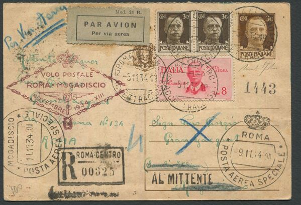 1934 - Regno d’Italia - Volo Roma-Mogadiscio - Cartolina da Roma a Mogadiscio del 5 novembre 1934 affrancata con il francobollo appositamente emesso da 8 lire - Timbri speciali di Roma del 9.11 e di Mogadiscio dell’11.11 (Longhi 3195) - Fabris