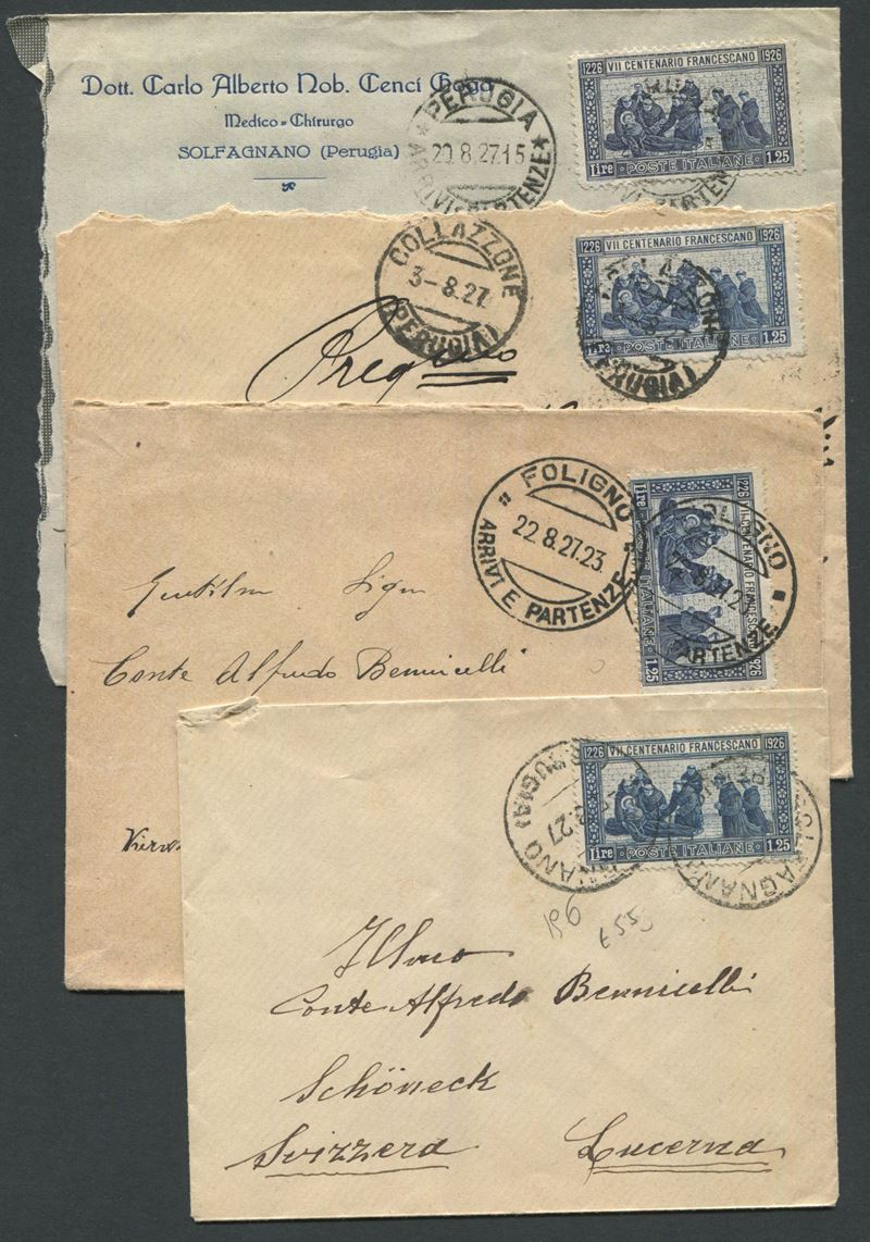 1927 - Regno d’Italia - “7° centenario della morte di S. Francesco” - 1,25 lire azzurro su quattro buste - Varie dentellature.  - Auction Philately and Postal History - Cambi Casa d'Aste
