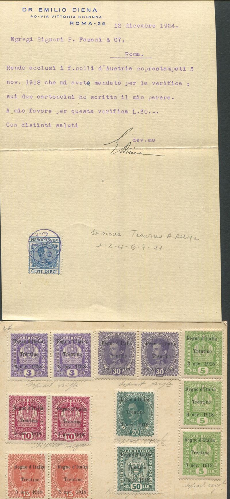 1918 - Regno d’Italia - Occupazioni I guerra Mondiale - Terre Redente - Trentino-Alto Adige - Cartoncino manoscritto da Emilio Diena con applicate quattro coppie, una striscia di tre e due esemplari singoli dei francobolli del 1918, 3h. violetto, 10h. lacca, 15h. bruno rosso, 5h. verde giallo, 20h. verde scuro, 30h. violetto grigio e 50h. verde (Sass. 1, 2, 4, 6, 7, 9 e 11).  - Asta Filatelia e Storia Postale - Cambi Casa d'Aste