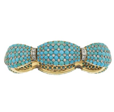 Bracciale rigido in oro 750, turchesi e piccoli diamanti