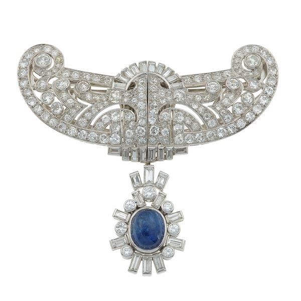 Diamond, sapphire, platinum and gold double clip brooch