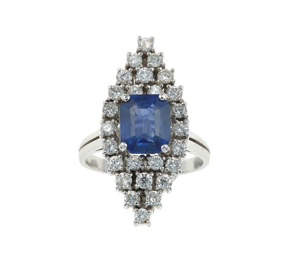 Sapphire, diamond and platinum ring