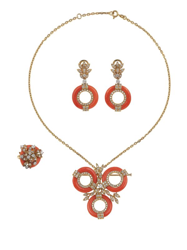 Coral, diamond and gold parure. Signed Petochi. Fitted case