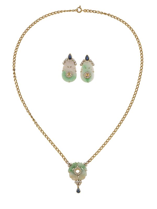 Jadeite, diamond, sapphire and gold demi-parure. Signed Petochi. Fitted case