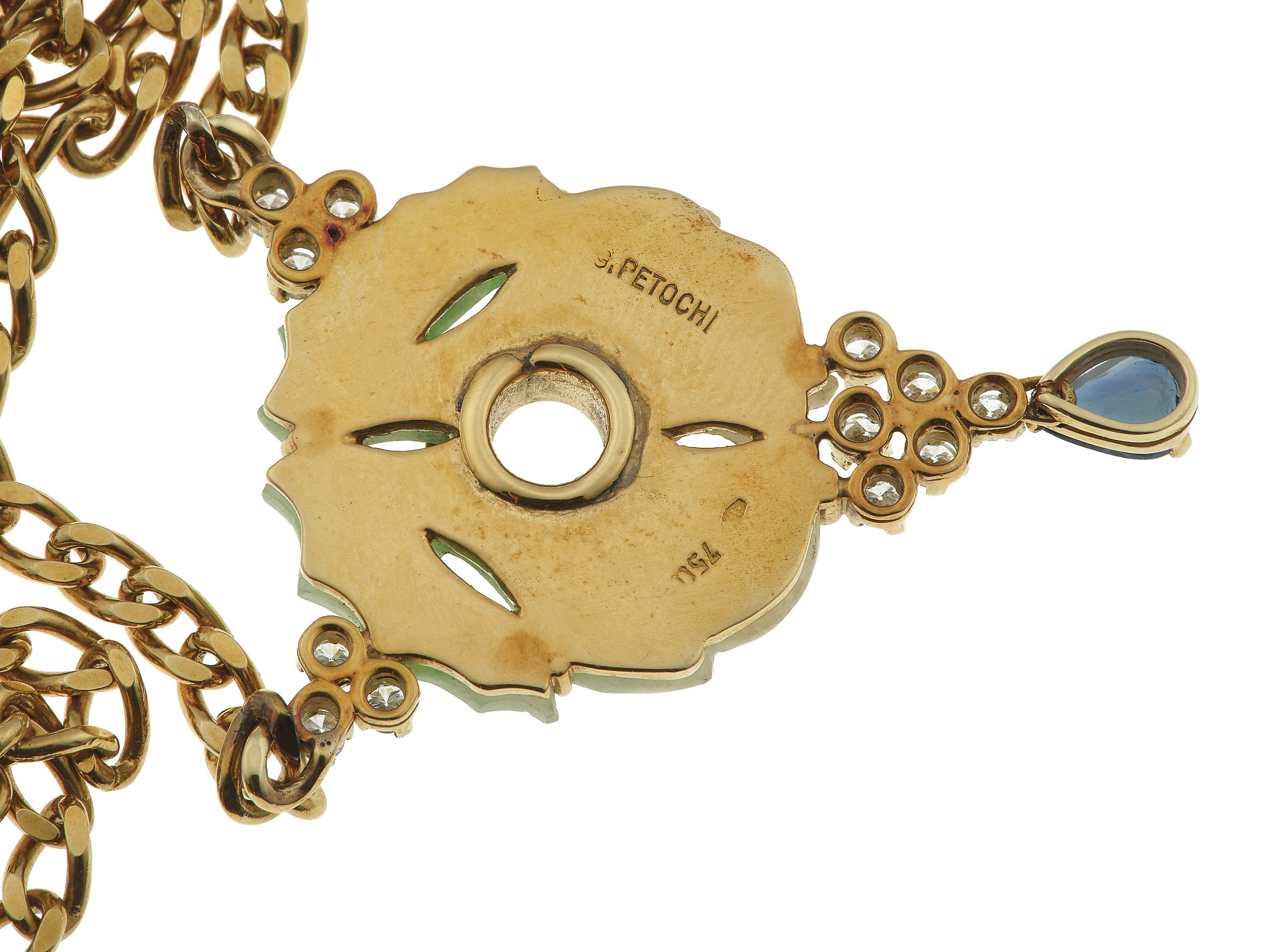 Petochi. Demi-parure Composta da Collana ed Orecchini con Giadeiti, Diamanti e Zaffiri