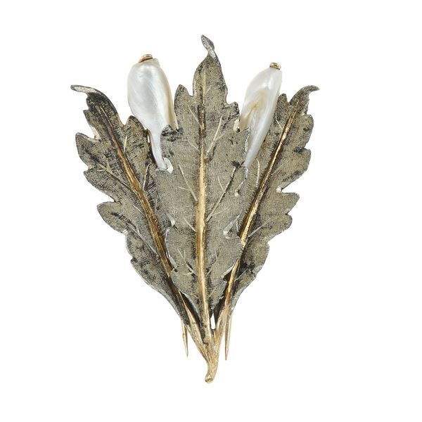 Pearl, silver and gold brooch. Signed M. Buccellati. Fitted case