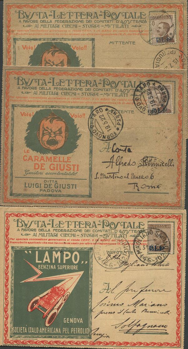1922 - Regno d’Italia - Buste Lettere Parlanti - Due cartolina con tagliando serie nazionali “Caramelle De Giusti” ed una serie Lazio “Benzina Lampo” al retro “Automobili SCAT”. Le prime due affrancate con 40c. bruno, I tipo, soprastampa azzurra (Sass. 4) e la terza con 40c. bruno, II tipo, soprastampa azzurra (Sass. 9).