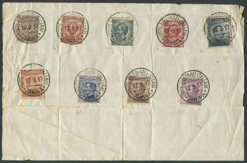 1917 - Regno d’Italia - Uffici Postali all’Estero - Foglietto con nove francobolli del Regno d’Italia (Sass. 68,69, 80, 81, 82, 83, 84, 85, 86) annullati con annullo di Giannina (Epiro) POSTE TELEGRAFI ITALIANI / JANINA / 17.9.17.  - Auction Philately and Postal History - Cambi Casa d'Aste