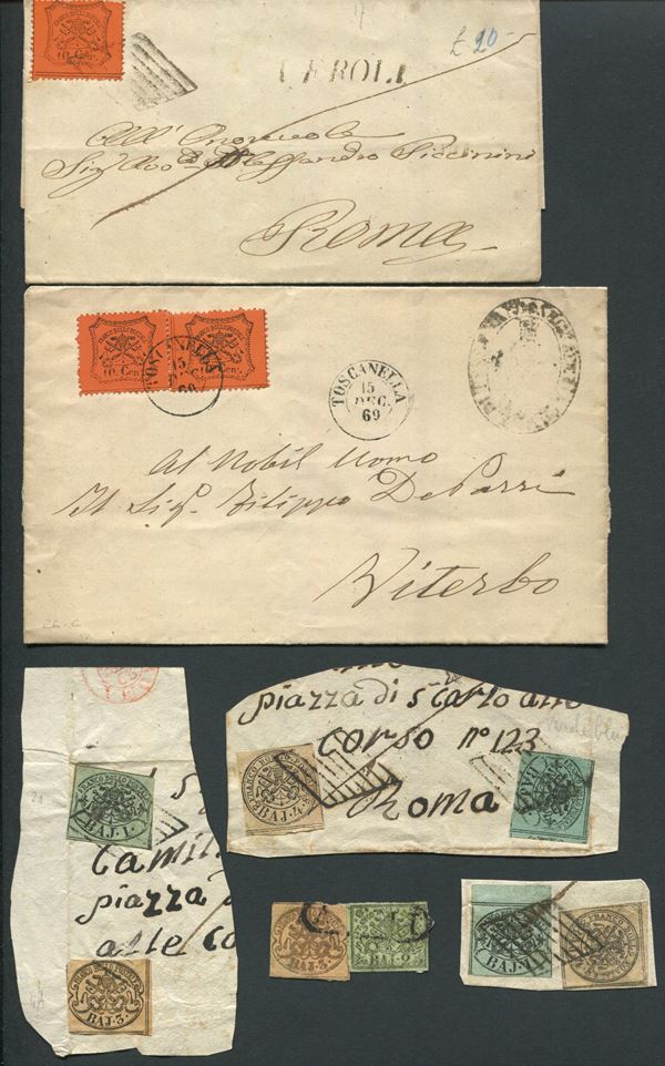 Stato Pontificio - Piccolo lotto composto da cinque sovracoperte I e II emissione, cinque frammenti I amissione (si nota un 3b. bistro arancio stampa oleosa) ed un 1/2b. violetto usato ben marginato.
