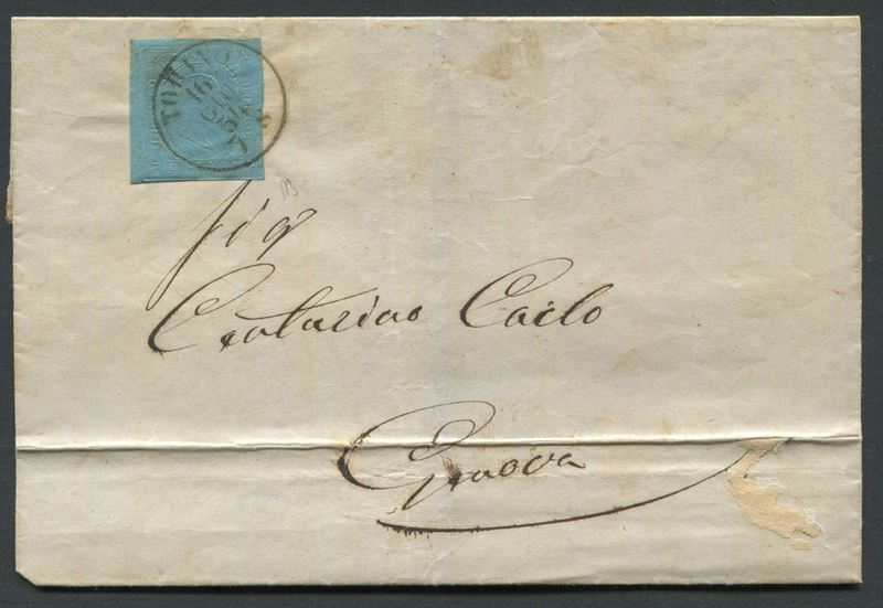 1854 - Sardegna - Sovracoperta da Torino a Genova del 16 giugno affrancata con francobollo II emissione 20c. azzurro (Sass. 5).  - Asta Filatelia e Storia Postale - Cambi Casa d'Aste