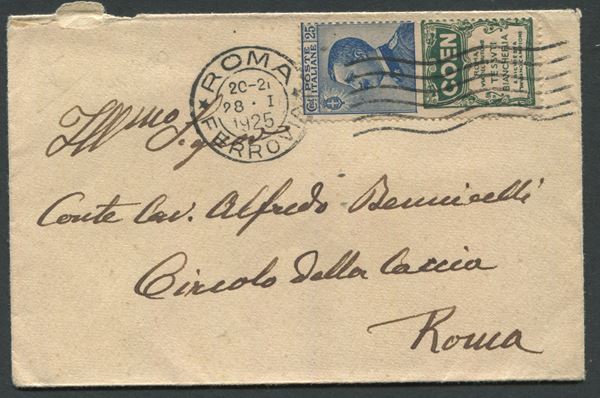1925 - Regno d’Italia - Letterina della Vice presidenza del Senato da Roma a Roma affrancata con francobollo pubblicitario 25c. azzurro “Coen” (Sass. 5).