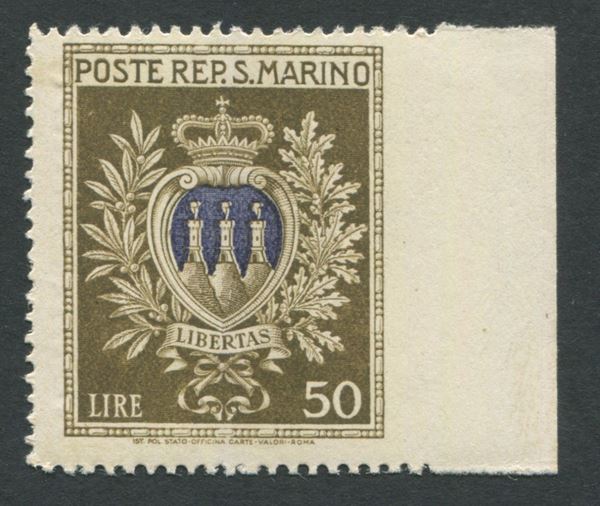 1946 - San Marino - Serie “Stemmi” - 50 lire oliva e oltremare non dentellato a destra (Sass. 295d).